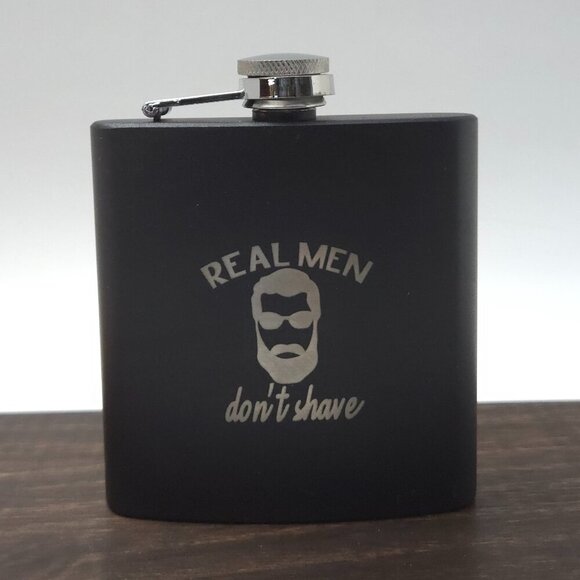 NWOT Flask, stainless steel, black, 6 oz., laser engraved with Real Men saying - Picture 1 of 1